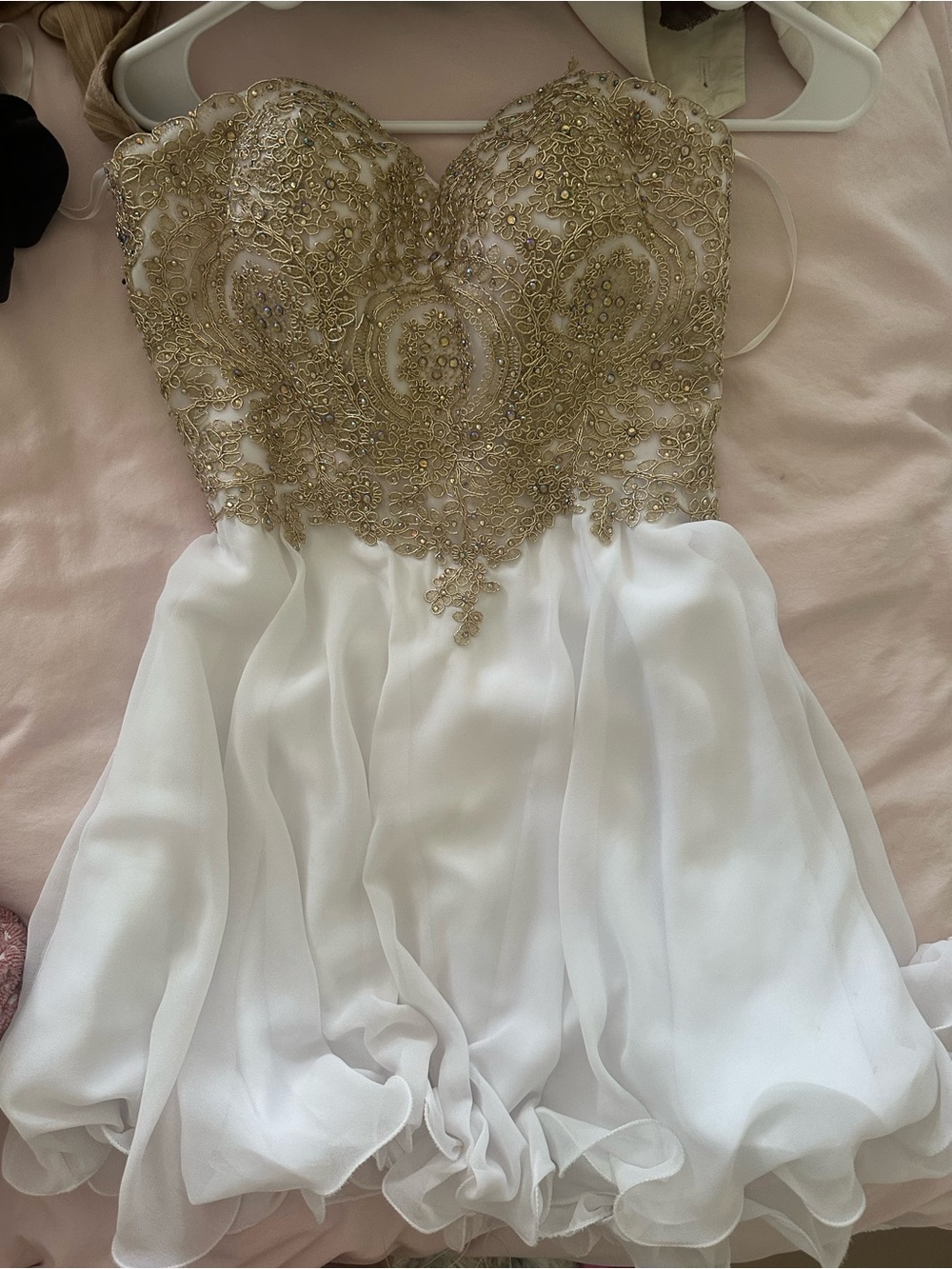 Gold Embellished White Strapless Party Dress